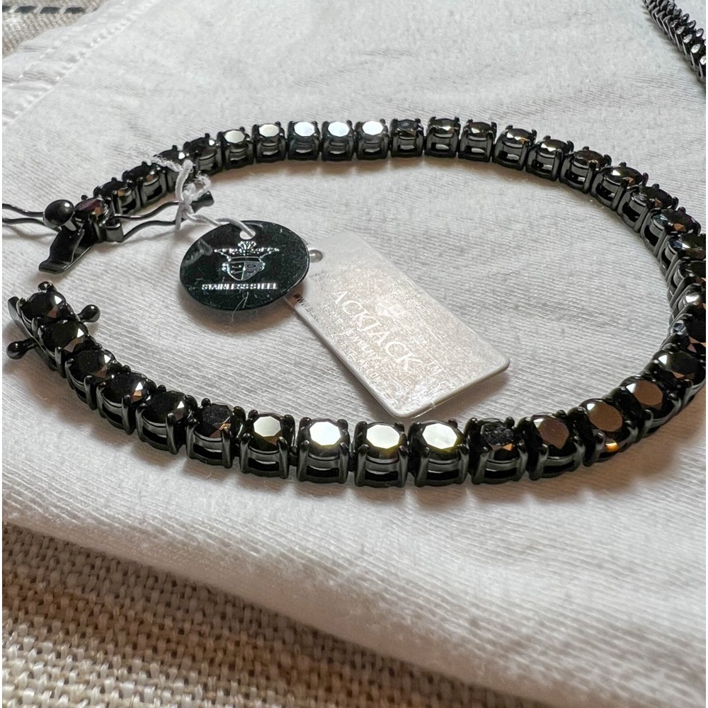 Blackjack  Stainless Steel Bracelet With Black Cubic Zirconia 8.5” 12 Mm 64 Coun